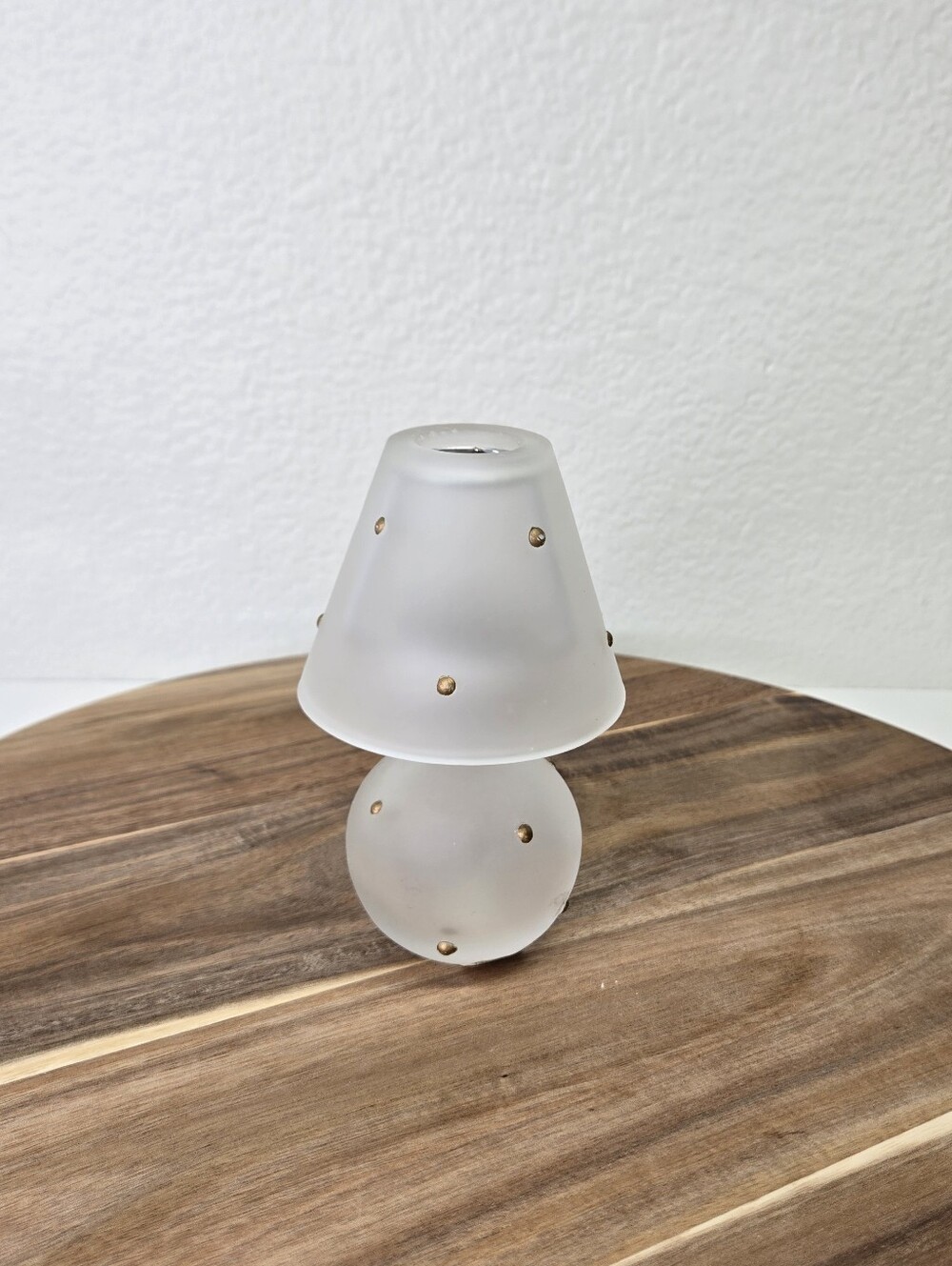 VTG Frosted Glass Mushroom Fairy Lamp Tea Light Candle Holder Gold Dots
